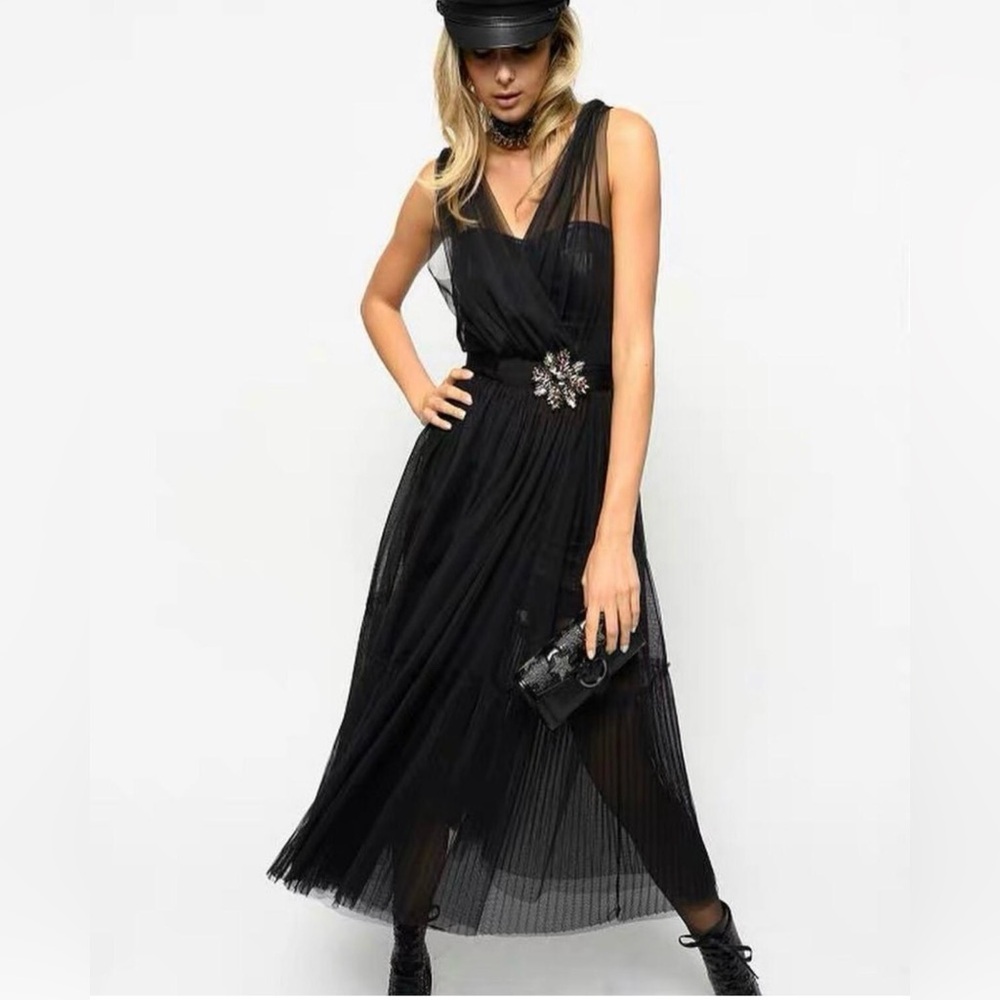 Pinko Black Midi Dress with Embellished Waist